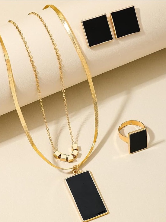 Anthropologie Jewelry - Black Geometric Jewelry Set Necklace Earrings Ring | Gold Tone